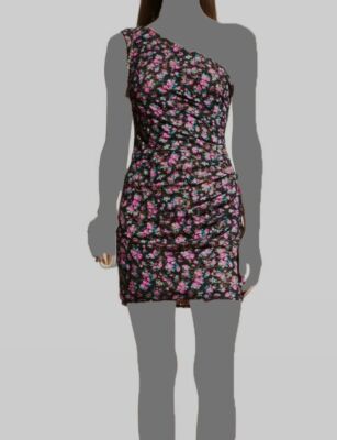 $250 Dress The Population Womens Black Floral-Print One-Shoulder Mini Dress Sz S