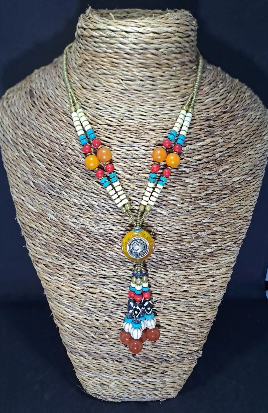 Collier tibétain pierres naturelles perles laiton EthnicPro.C01, bijou ethnique artisanal