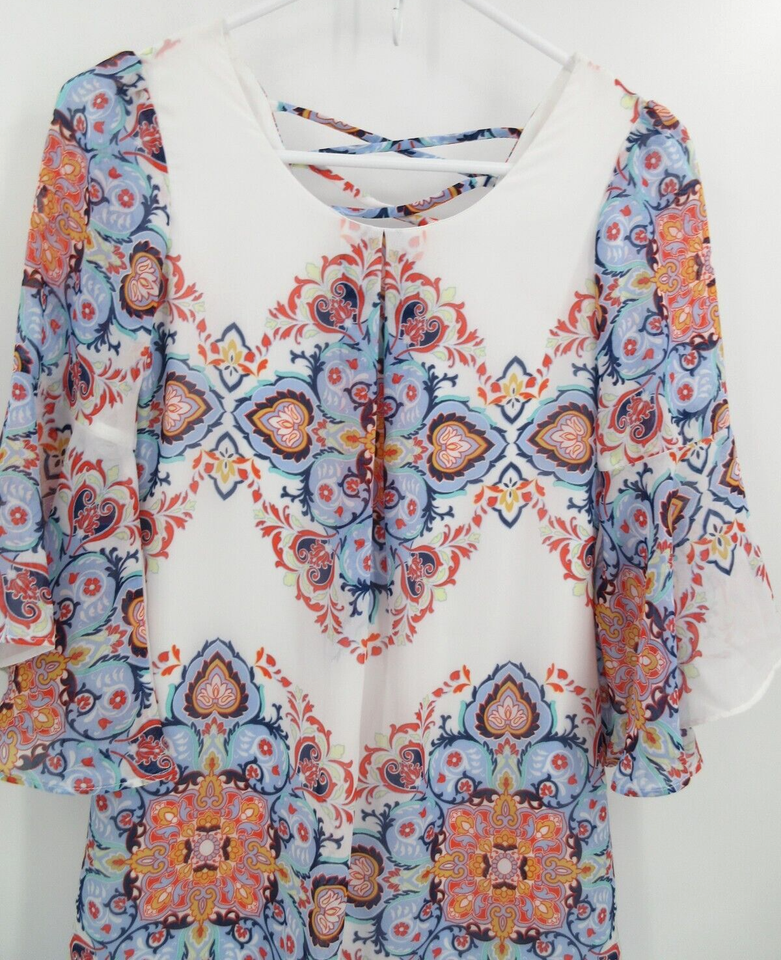 AMY BYER 3/4 BELL SLEEVE FLOWY DRESS Girl Size 12 WHITE BLUE AND CORAL