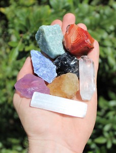 Chakra Natural Stones Set: 7 Rough Medium Crystals & Selenite Stick & Directions