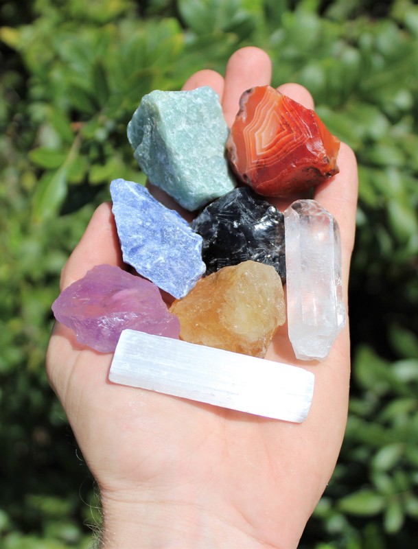 Chakra Natural Stones Set: 7 Rough Medium Crystals & Selenite Stick & Directions