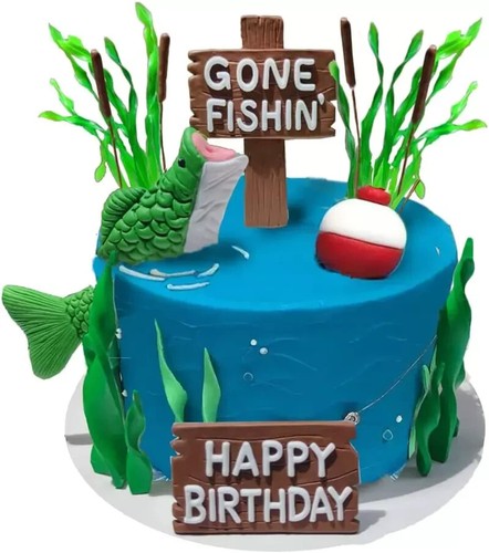 Fishing Cake Topper Gone fishing Cake with Bass Reed Happy Birthday Sign - Picture 1 of 3