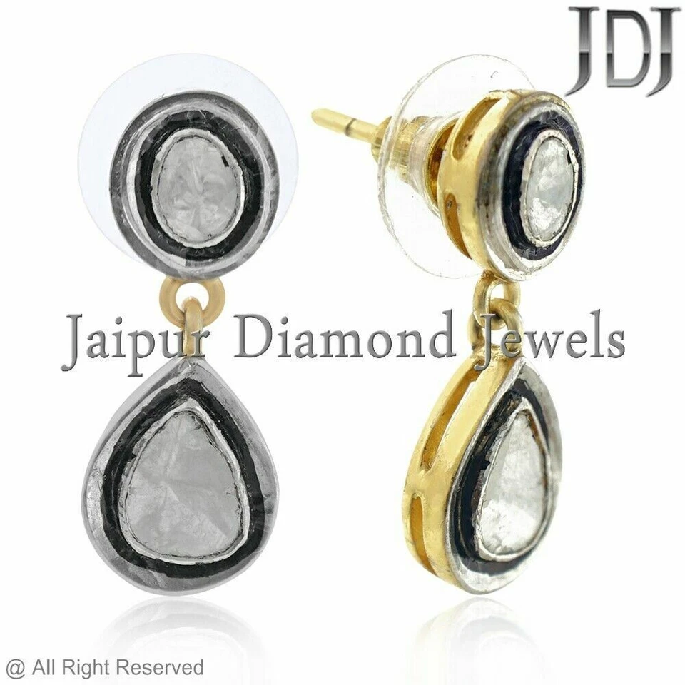 Natural Rosecut Polki Diamond 925 Sterling Silver Handmade Jewelry Women Earring - Image 2 of 3