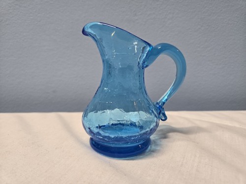 Vintage 3.25" Blue Crackle Glass Pitcher Hand Blown Art Antique Collectible - Picture 1 of 6
