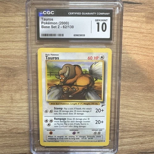 2000 POKEMON BASE SET 2 #62 TAUROS CGC 10 GEM MINT