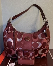 Coach Signature Stripe 3 Color Red Metallic Convertible Hobo W/wallet 20428 NwT