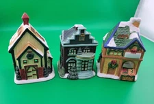 Set of 3 Seasonal Tea Light Holder Houses Winter Christmas Village