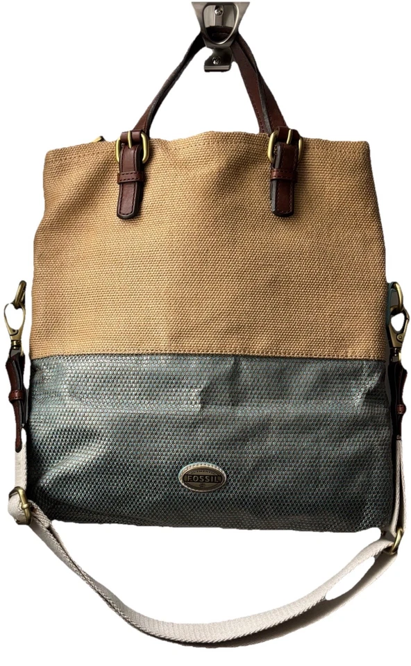 Fossil - Explorer Foldover Tote/Crossbody Bag - Woven Jute & Blue Metallic - Image 2 of 4