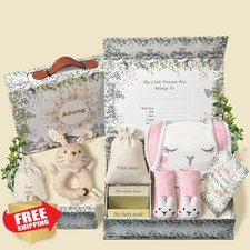 Aeang Baby Shower Gift Set, Girl/Boy, Keepsake Box, Bunny Rattle