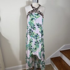 Venus Dress Womens Medium Tropical Palm Beach Leopard Maxi Dress Open Back