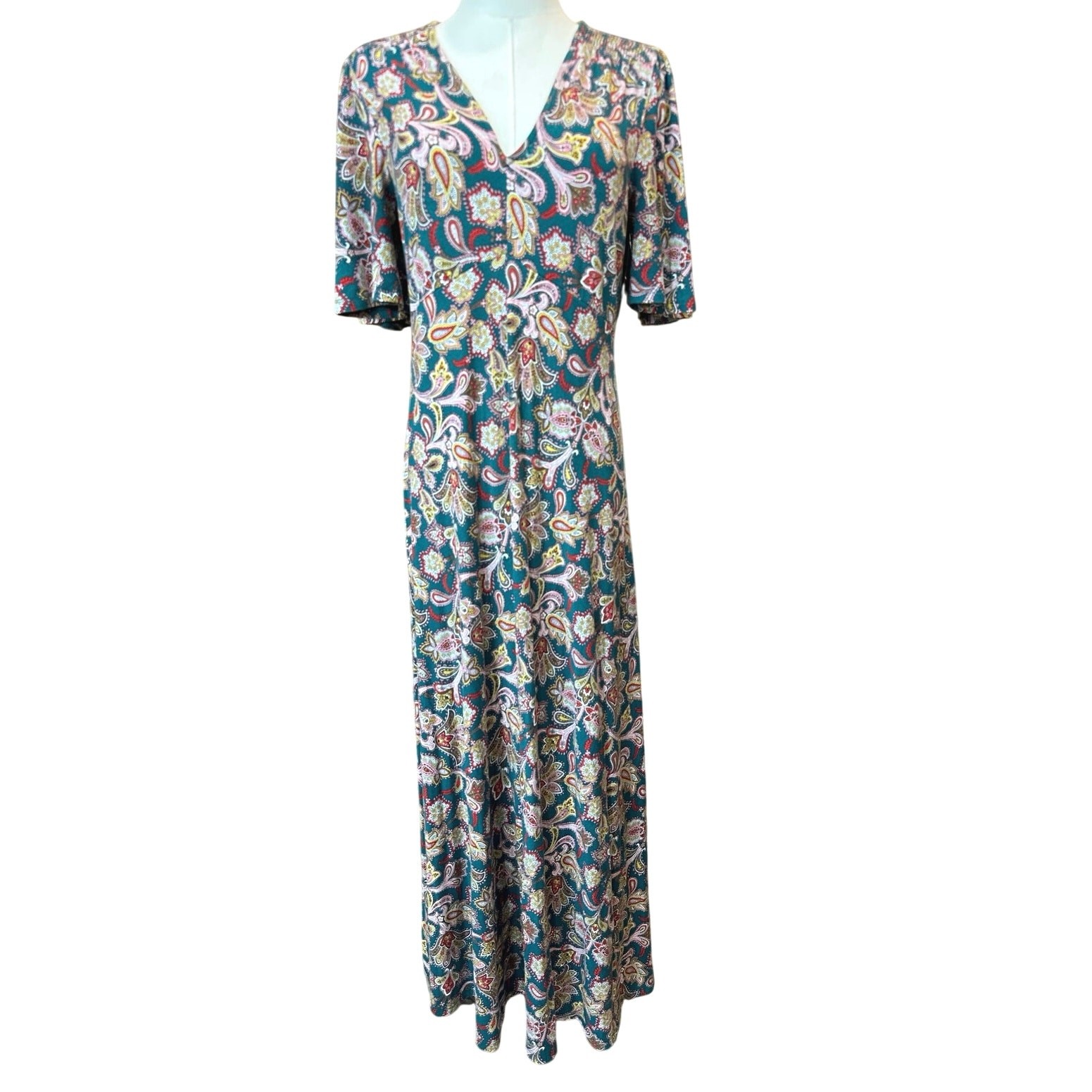 Boden Jersey Midi Tea Dress Green Paisley Stretch Size 6R Cottagecore Peasant