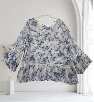 Womens Sheer Floral Crochet Trim Bell Sleeve Top XL Summer Boho Beachy Coquette