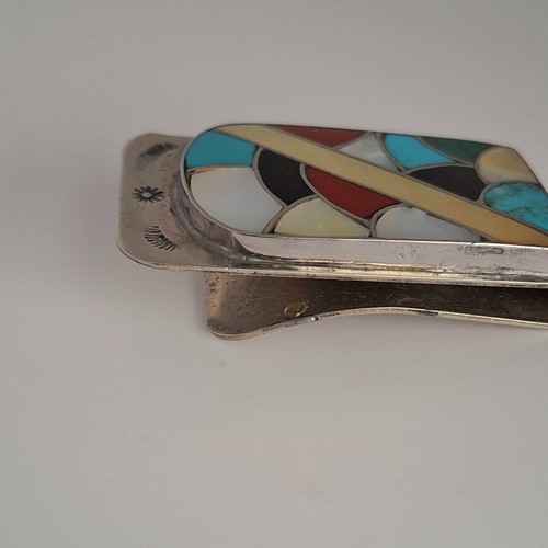 Zuni Silver Inlay Money Clip Fish Scale Design Sterling Turquoise Coral Jet - Picture 10 of 15