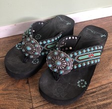 MONTANA WEST Wedge Flip Flop Sz 7 Western Bling Aztec Turquoise Blue Concho