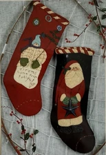 PATTERN Primitive 20" Wool Felt SANTA & SNOWMAN Holiday Stockings Applique