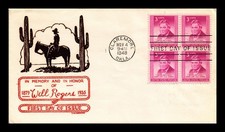 US COVER WILL ROGERS FDC SCOTT 975 BLOCK OF 4 THERMOGRAPHED C W GEORGE CACHET