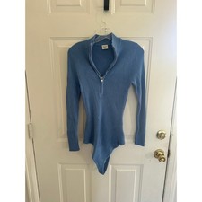 Abercrombie Fitch Womens Blue Ribbed Half Zip Long Sleeve Bodysuit Large