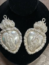 Vintage Silver Tone Ex Voto  Sacred Heart  Virgin Mary Tattoo Engraving 4.5” T