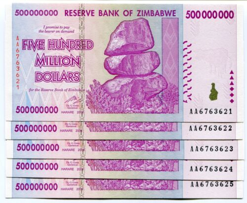 Zimbabwe 500 Million Dollars 2008 UNC P82 AA x 5 Notes from 100 Trillion Series - 第 1/3 張圖片