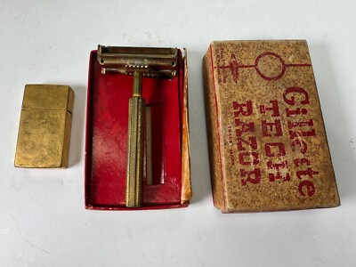 Vintage Gillette Safety Razor Set w/ Brass Case & Original Tech Box USA