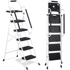 5 Step Ladder with Tool Platform Heavy Duty 330 Lbs Load Potable Ladder White