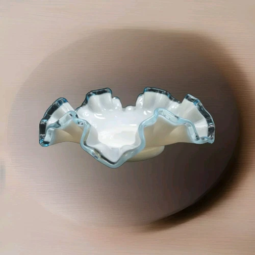 Fenton Aqua Crest Milk Glass Ruffled Edge Blue Rim Small Dish 6’ Vintage
