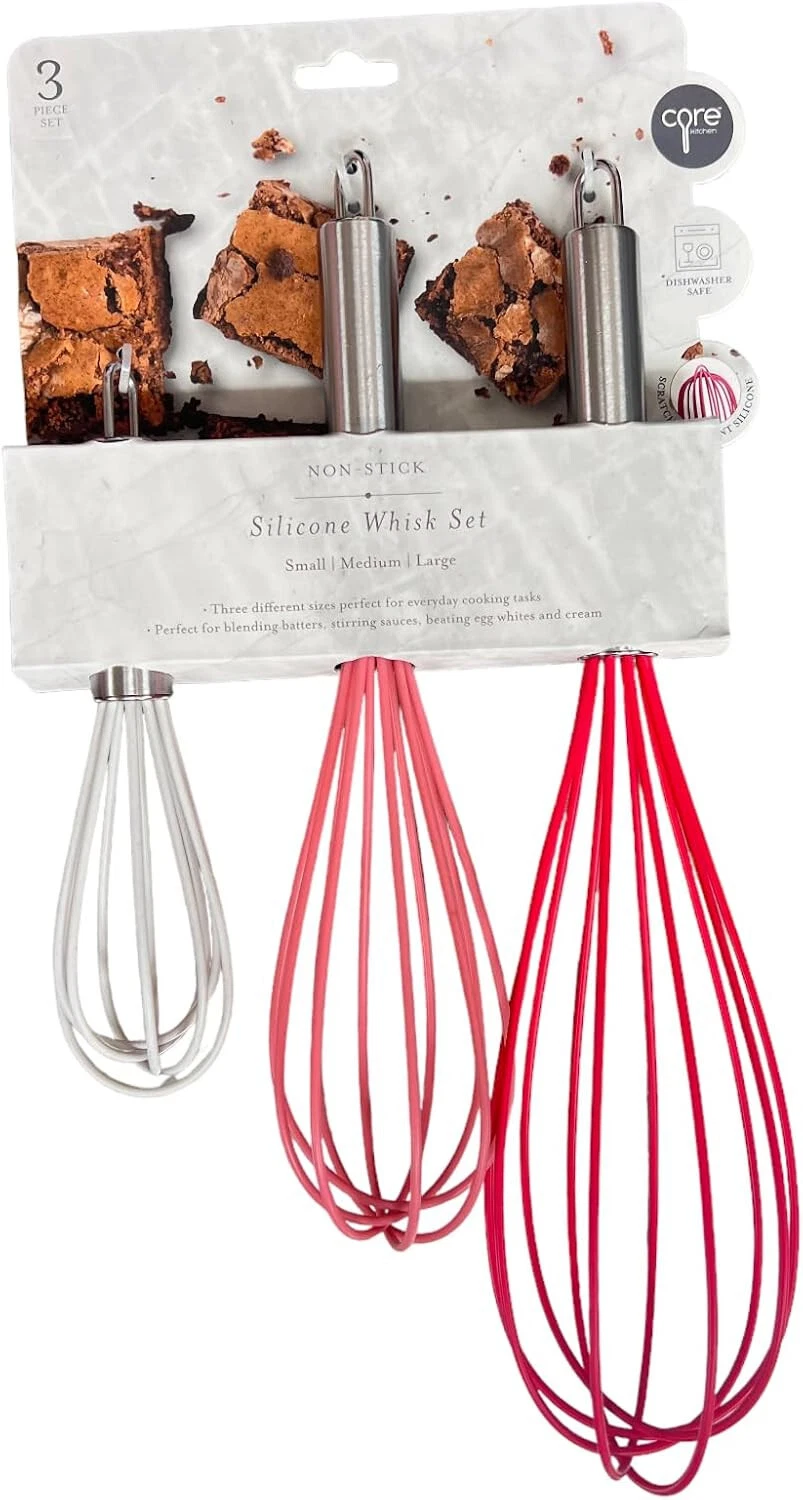 Core Home Kitchen Stainless Steel & Silicone 3pc Whisk Set, Red,Pink,White
