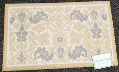 ACCENT PRINTED RUG (nonskid)(18''x30'') FLOWERS,GREY & BEIGE DESIGN,ANIKA, Waverly