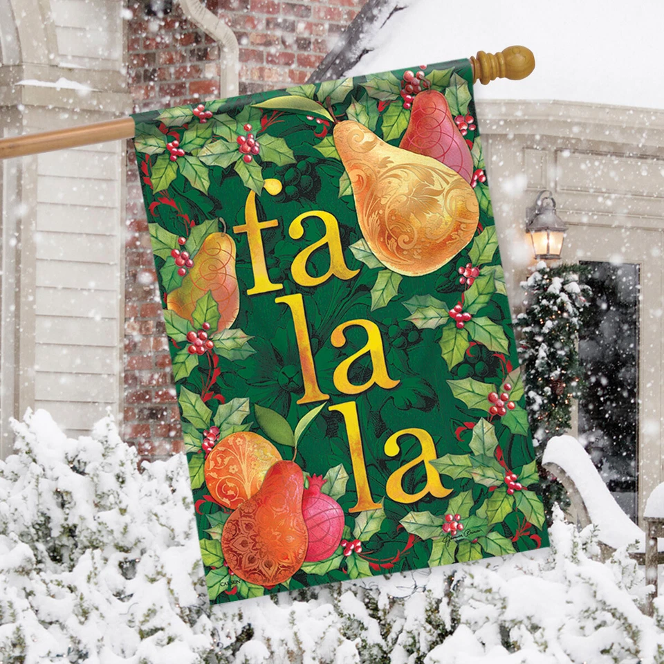 Dorado Navidad Fa La La Casa Bandera Acebo Vacaciones Bayas 2 Caras 28" x 40" Foto 3 de 3