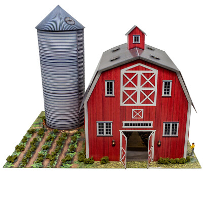 1/64 Red Barn and Silo Photo Real Scale Kit Model Hotwheels Scenery Track Layout