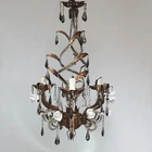 ANTIQUE ITALIAN GILT TOLE PRISMS BEADS PORCELAIN ROSES CHANDELIER CEILING LIGHT