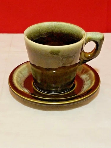 Vintage Pfaltzgraff Pottery, China, Coffee Cup & Saucer, Brown Green Drip Hull