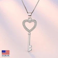 Women 925 Sterling Silver Crystal Necklace Hollow Heart Love Key Pendant 0196