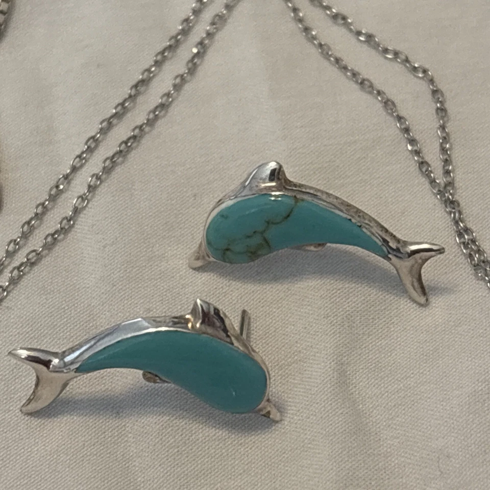 9 Pc 925 Dolphins With Stones-2 Pendant Necklaces & 3 1/2 Sets Earrings - Image 3 of 4