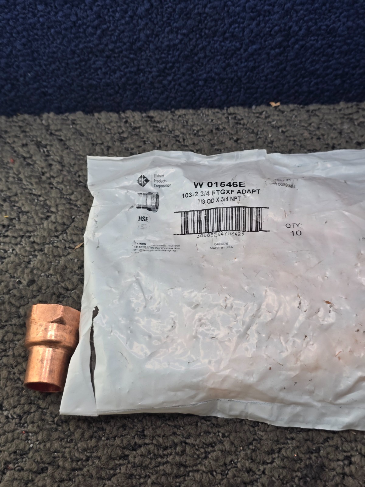 (QTY 10) Elkhart W01546E 3/4" FTG x 3/4"FNPT Wrot Copper Street Adapters 7/8" OD