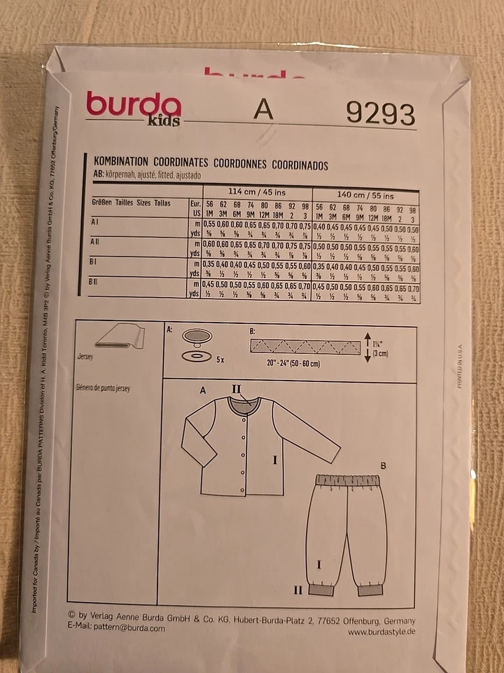 Burda Style Babies' Jacket  And Pants Size 1m - 3 Reversible Sewing Pattern 9293 - Image 2 of 2