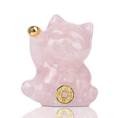 Pink Quartz Lucky Cat Figurine Hand Carved Maneki Neko Money Cats Statue