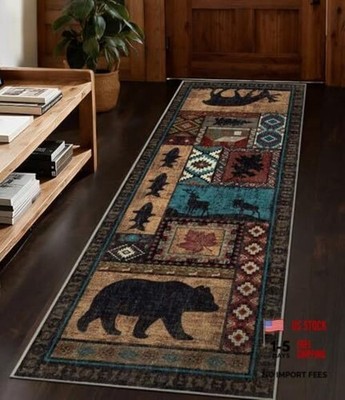 Hallway Runner Rug 2x6 Indoor Door Mat - Bear Rustic Cabin Non-Slip Entryway 