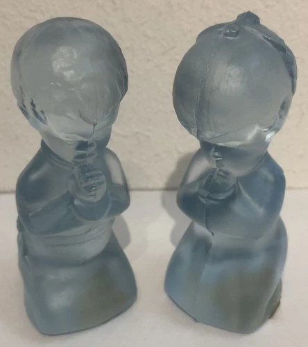 Authentic Fenton Handmade Blue Tinted Glass Praying Boy & Girl Figures 5100VK **