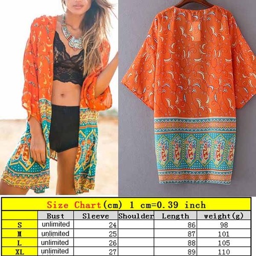 Womens Boho Floral Beach Cardigan Kimono Blouse Chiffon Shawl Bikini Cover Up - Picture 4 of 24