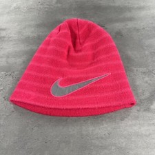 Nike Beanie Hat Youth Kids Pink Big Center Swoosh Logo Snow Y2K Gray Vintage 90s