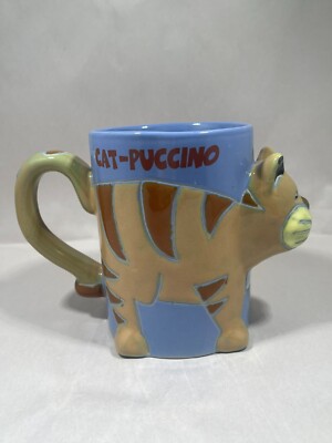 CAT-PUCCINO Mug Sculpted Kitty Cup with Tail Handle & Playful Coffee Pun VTG New