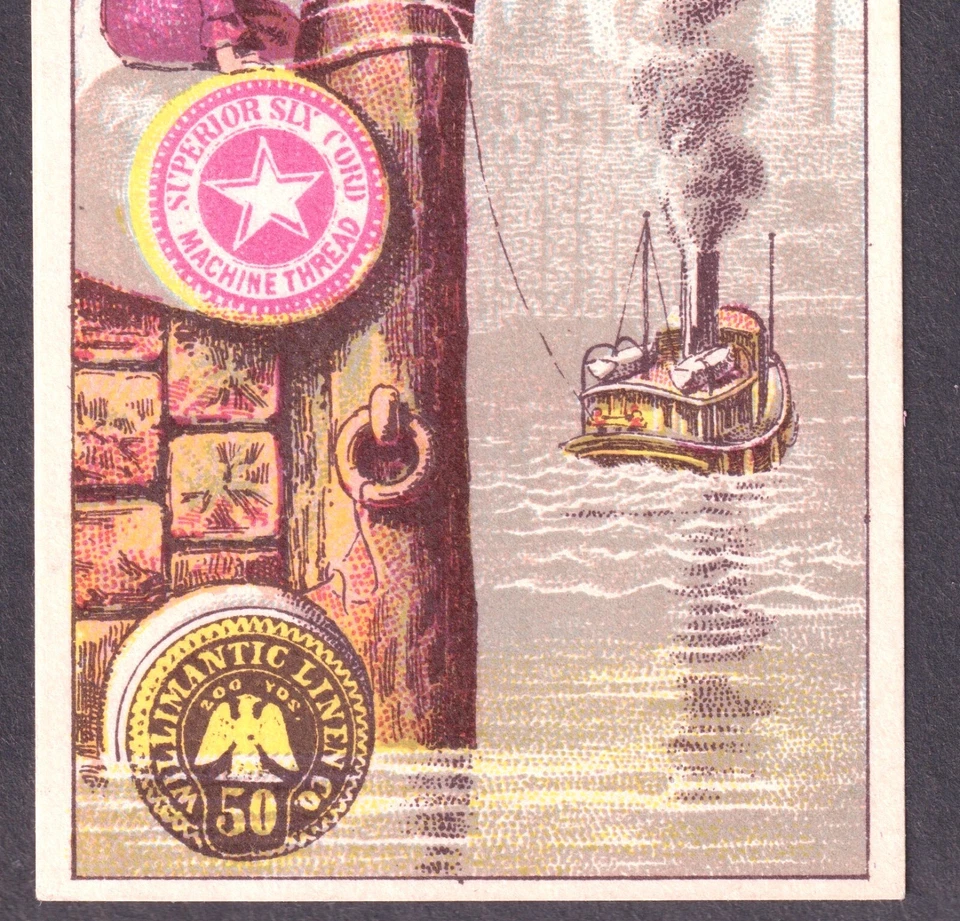 Willimantic Sewing Thread Linen Spool Ad Ship Dock Fantasy Victorian Trade Card - Image 3 of 4
