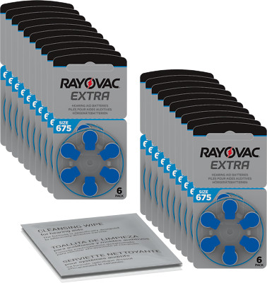 120 x Rayovac Extra Advanced Hearing Aid Battery Blue 675 (20 x 6) + Cleaning...