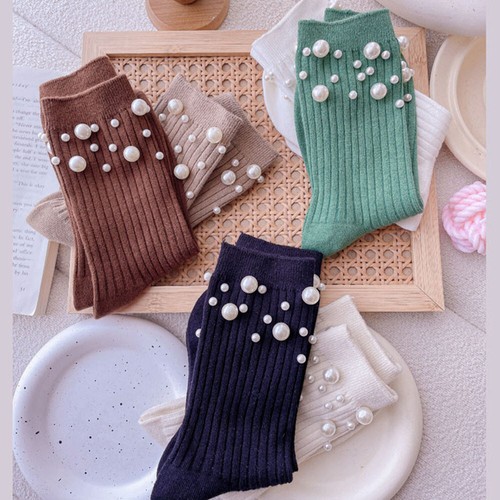 Women Cotton Socks Short Hosiery Foot Socks Mid-tube Socks Casual Simple Pearl - Picture 3 of 29