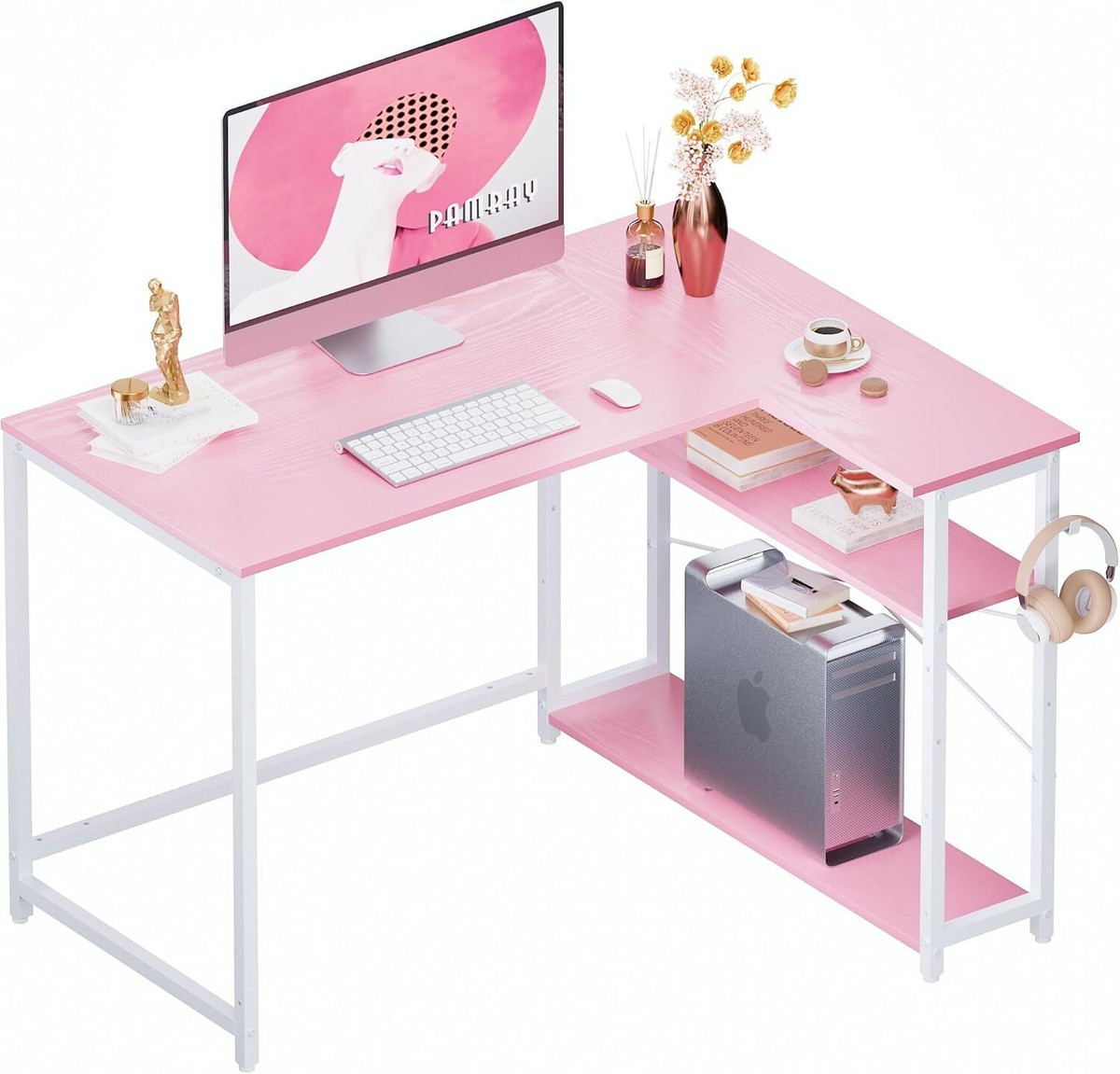 Pamray 43 Inch L Shaped Computer Desk with 43 inch, Pink + White