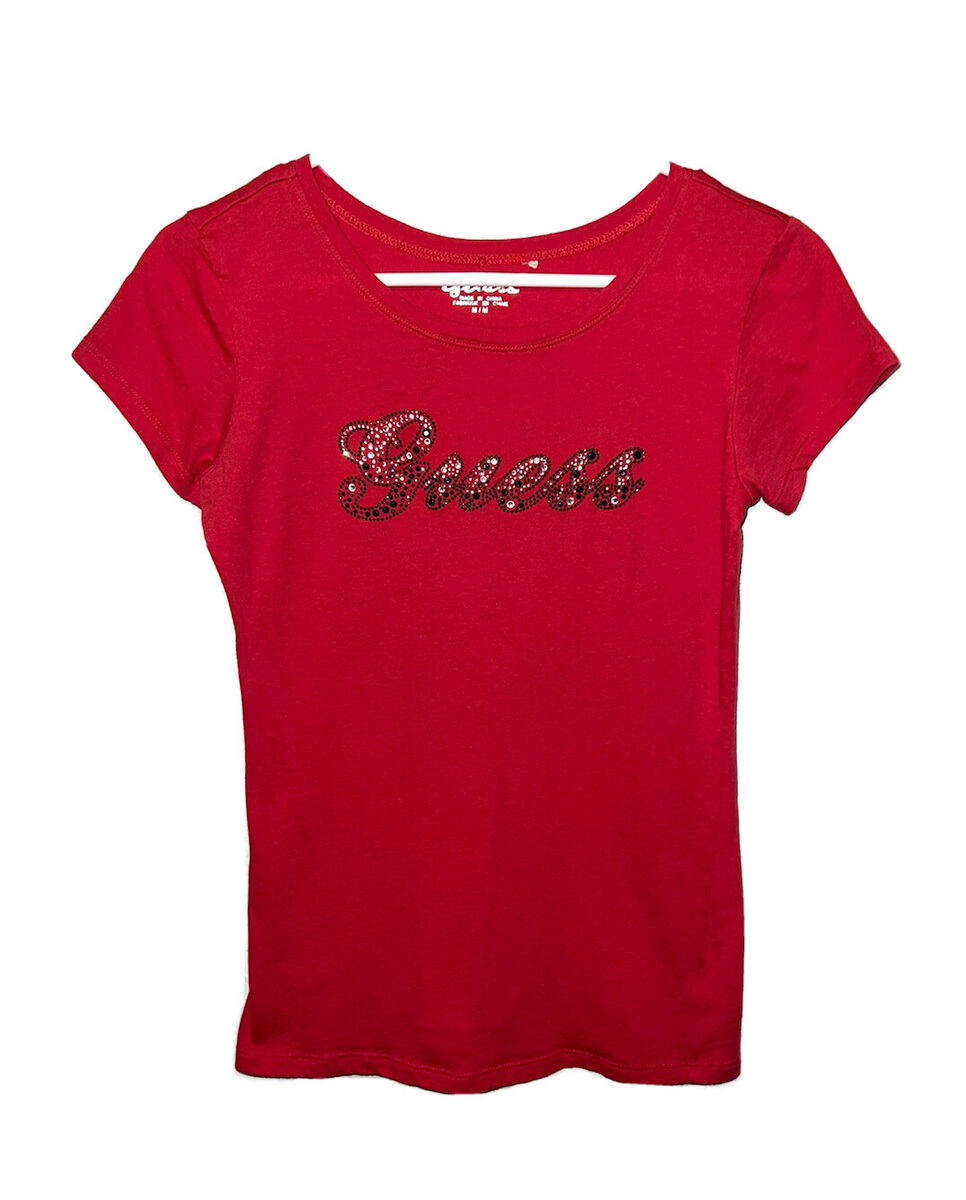 Y2K Red GUESS Rhinestone Logo Tee Embellished Shirt Womens Y2K Red GUESS Rhinestone Logo Tee Embellished Shirt Womens