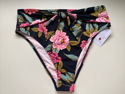 Shade Shore M Medium Bikini Swim Bottom High Waist Cheeky Black Floral  New