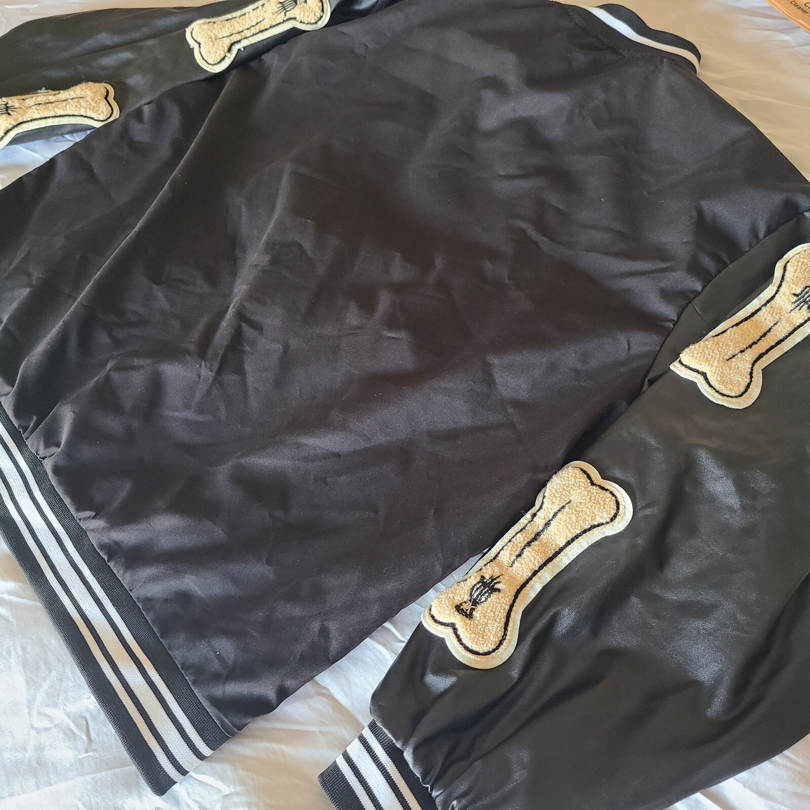 Varsity Jacket Black Bones Patchwork Baseball Fau… - image 3