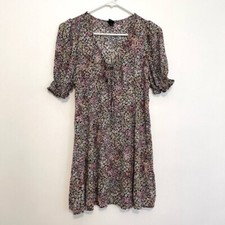WILD FABLE Puff Short Sleeve Tie Front Dress Black Pink Multi Floral Mini Medium